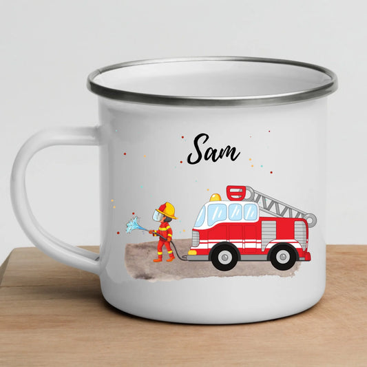 Personalisierte Emaille-Kindertasse mit Feuerwehrmann
