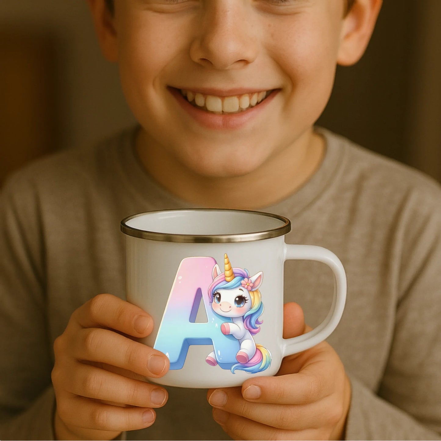 Kind hält weiße Emaille Kindertasse mit silbernem Rand – personalisierte Tasse mit Namen und süßem Motiv