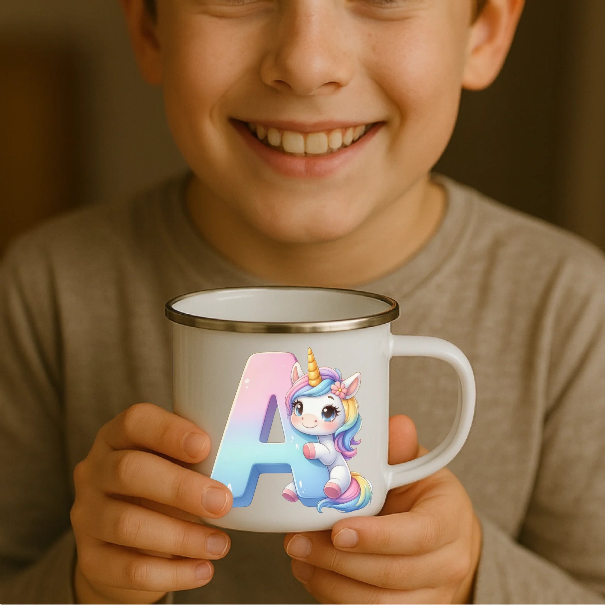 Kind hält weiße Emaille Kindertasse mit silbernem Rand – personalisierte Tasse mit Namen und süßem Motiv