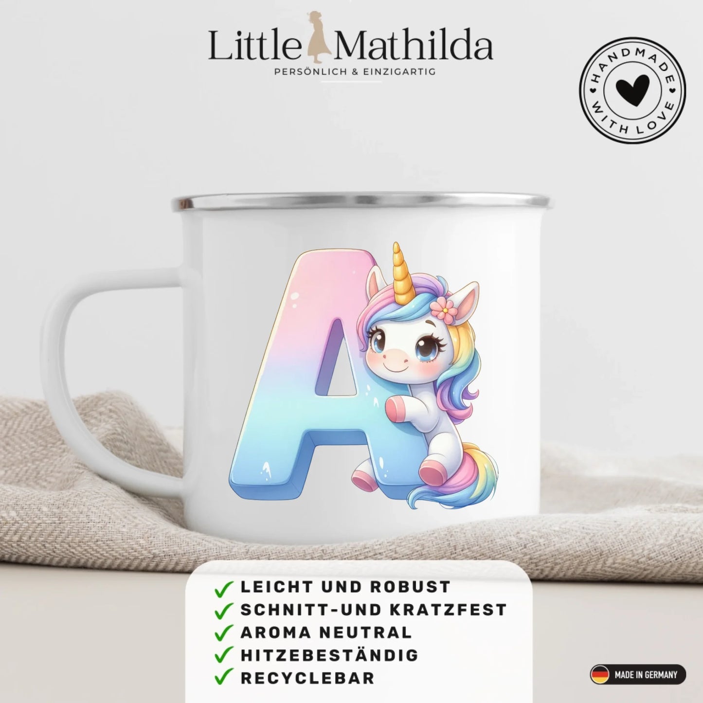 Personalisierte Kindertasse aus Emaille – hochwertige Kinderbecher mit Namen und Motiv selbst gestalten