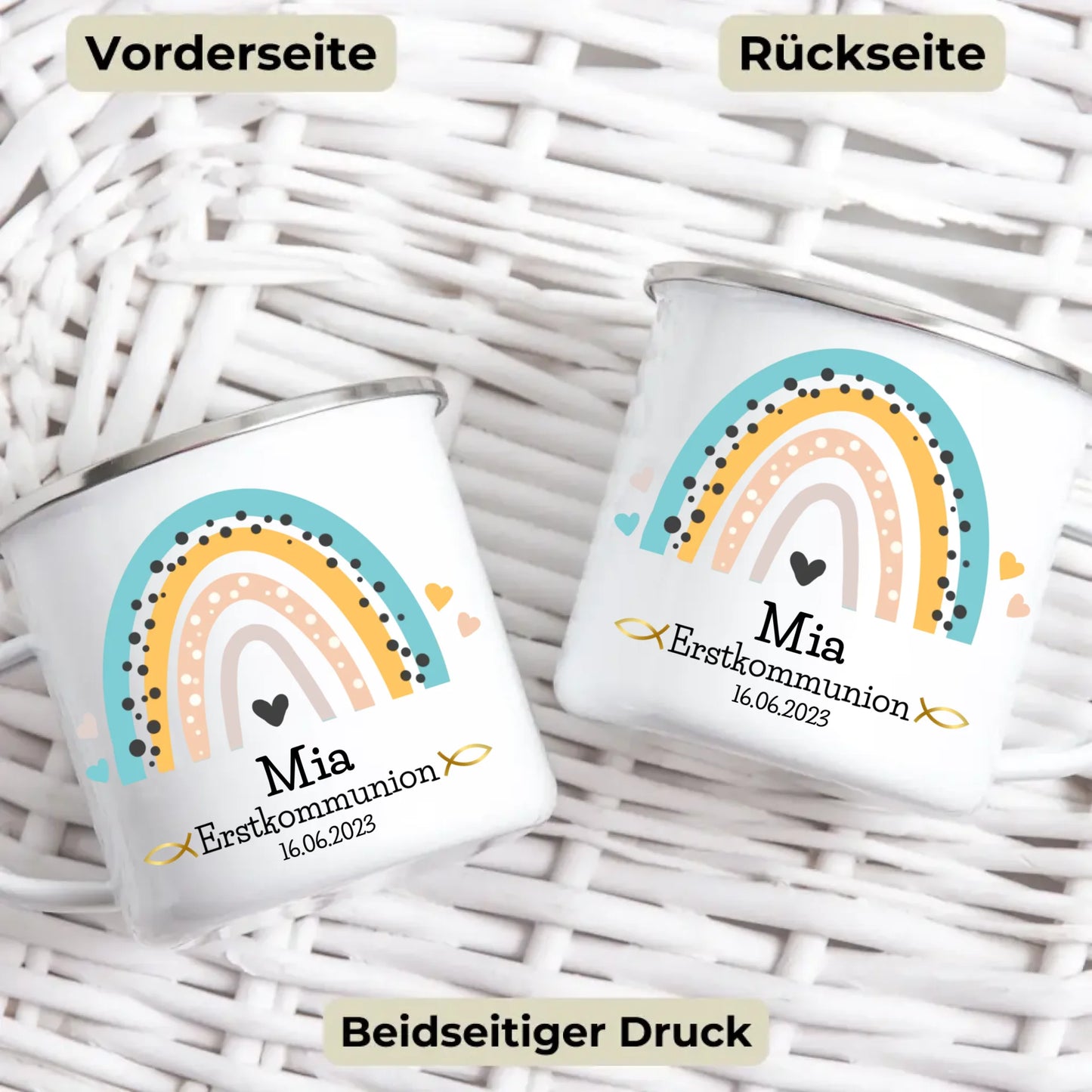 Personalisierte Emaille-Tasse zur Erstkommunion mit Regenbogen
