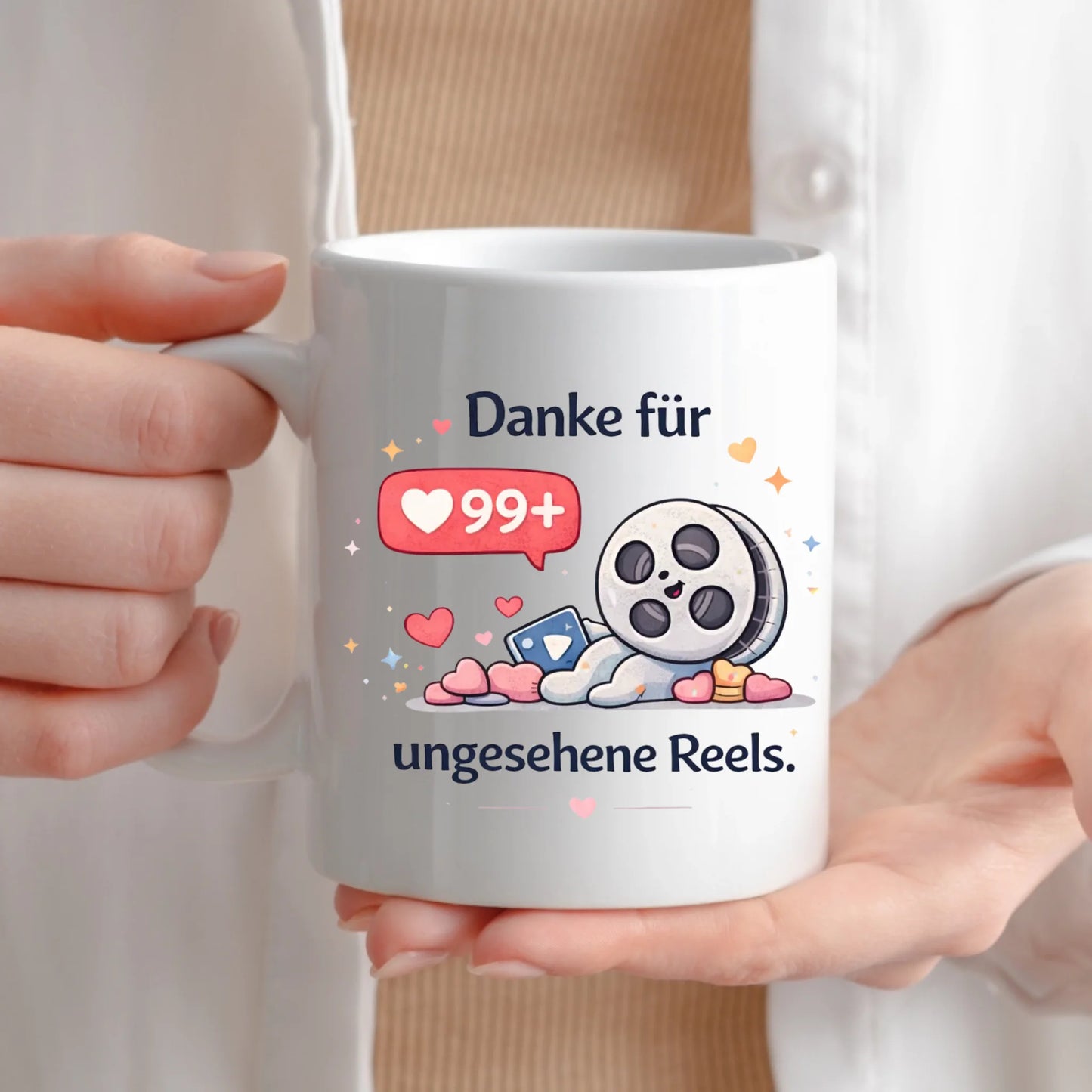 Kaffeetasse Tasse mit Spruch: Danke für 99+ ungesehene Reels