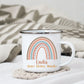 Personalisierte Emaille Kindertasse mit Regenbogen, Wunschnamen und einem Spruch