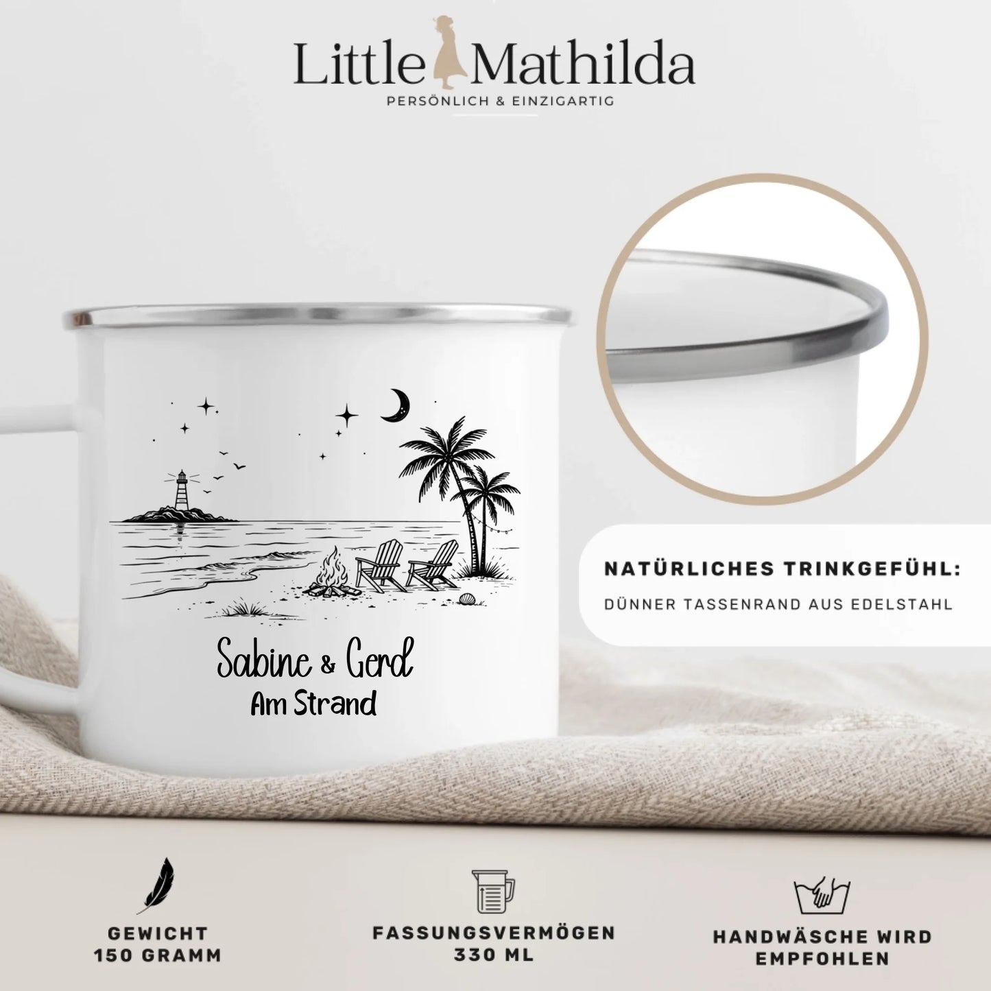Personalisierte Emaille Camping Tasse am Strand