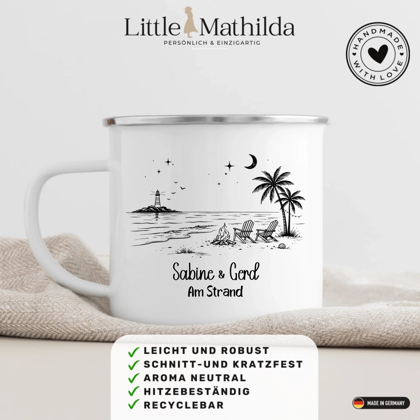 Personalisierte Emaille Camping Tasse am Strand