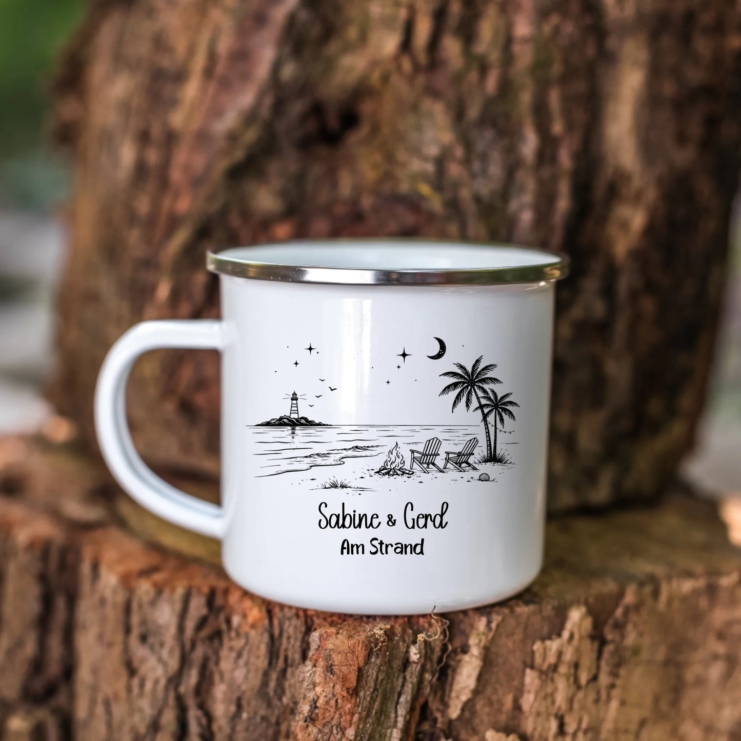 Personalisierte Emaille Camping Tasse am Strand