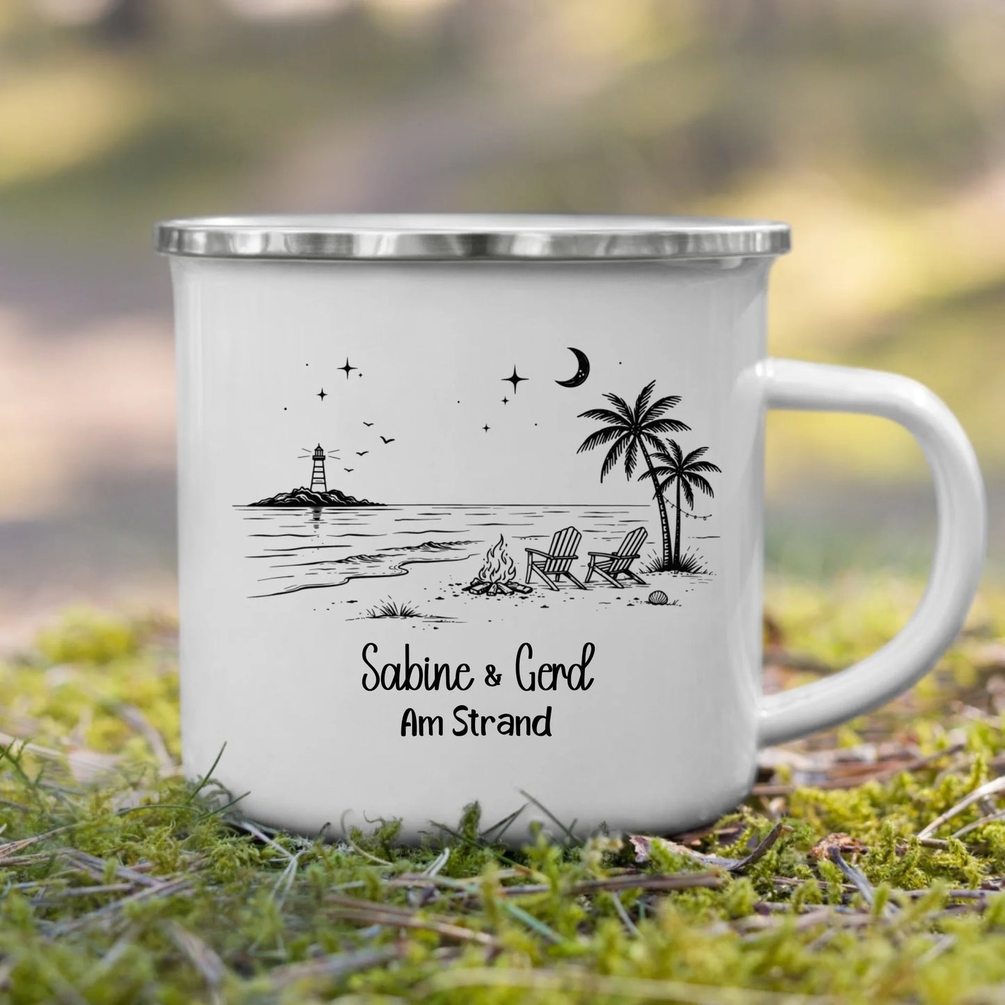 Personalisierte Emaille Camping Tasse am Strand