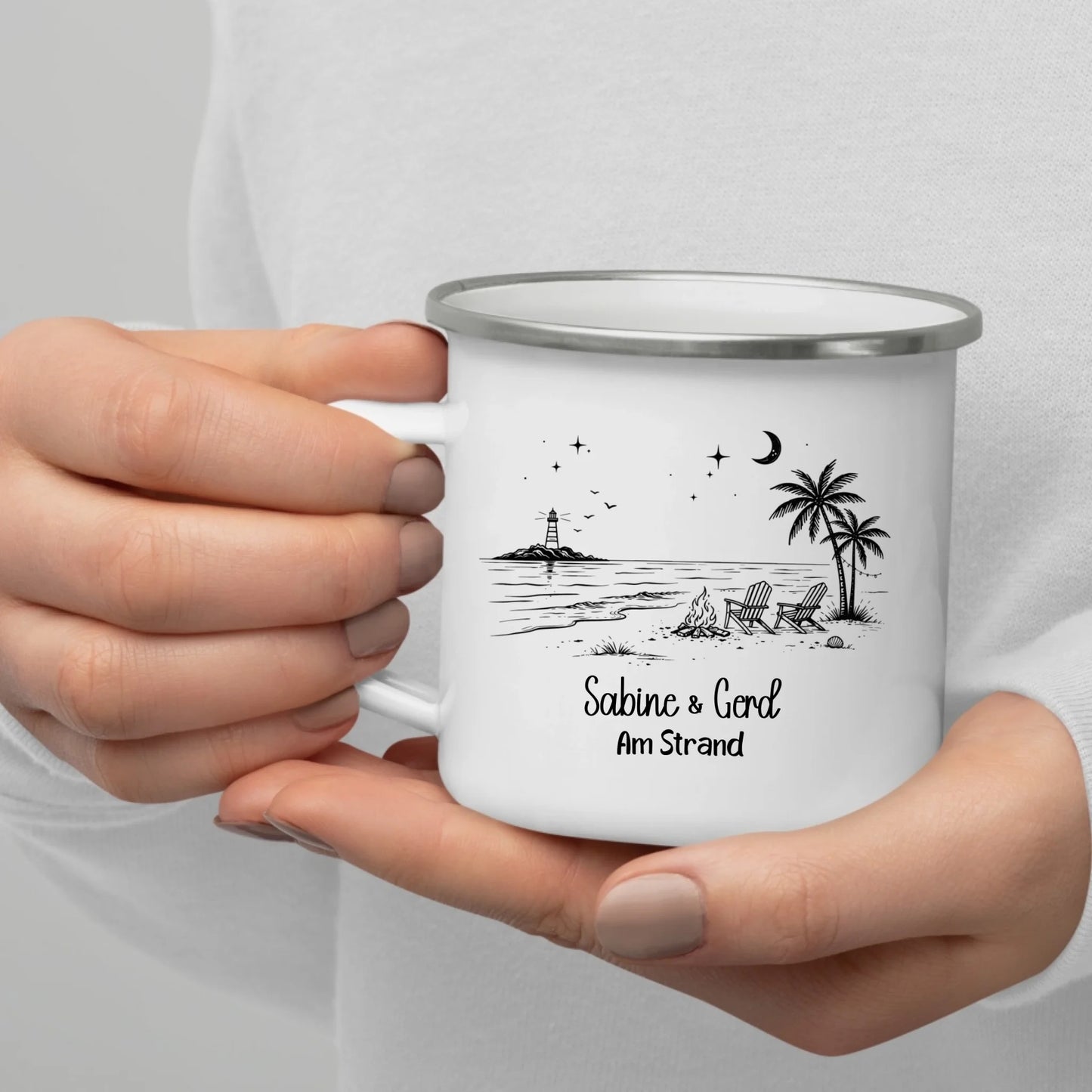 Personalisierte Emaille Camping Tasse am Strand