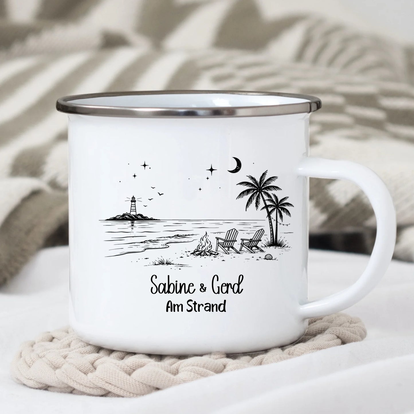 Personalisierte Emaille Camping Tasse am Strand