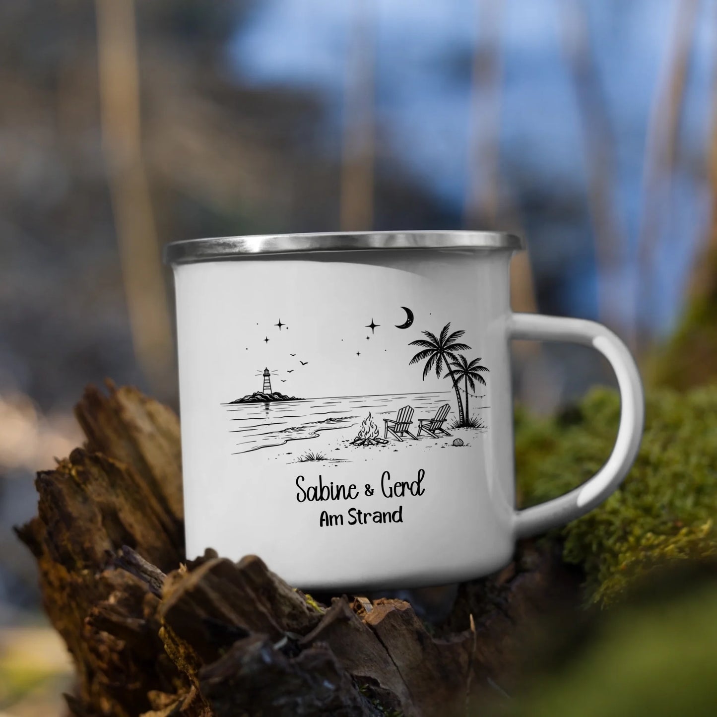 Personalisierte Emaille Camping Tasse am Strand