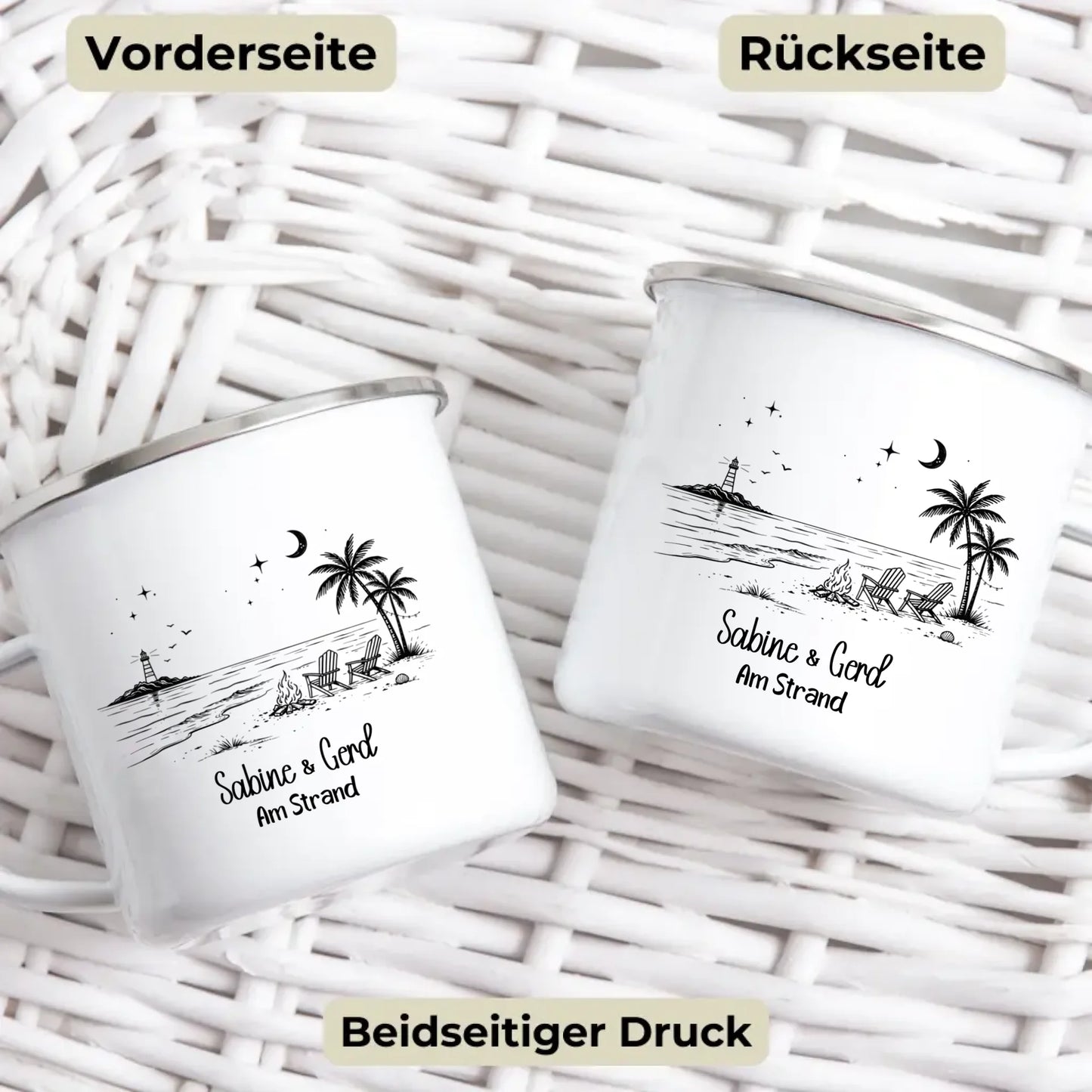 Personalisierte Emaille Camping Tasse am Strand