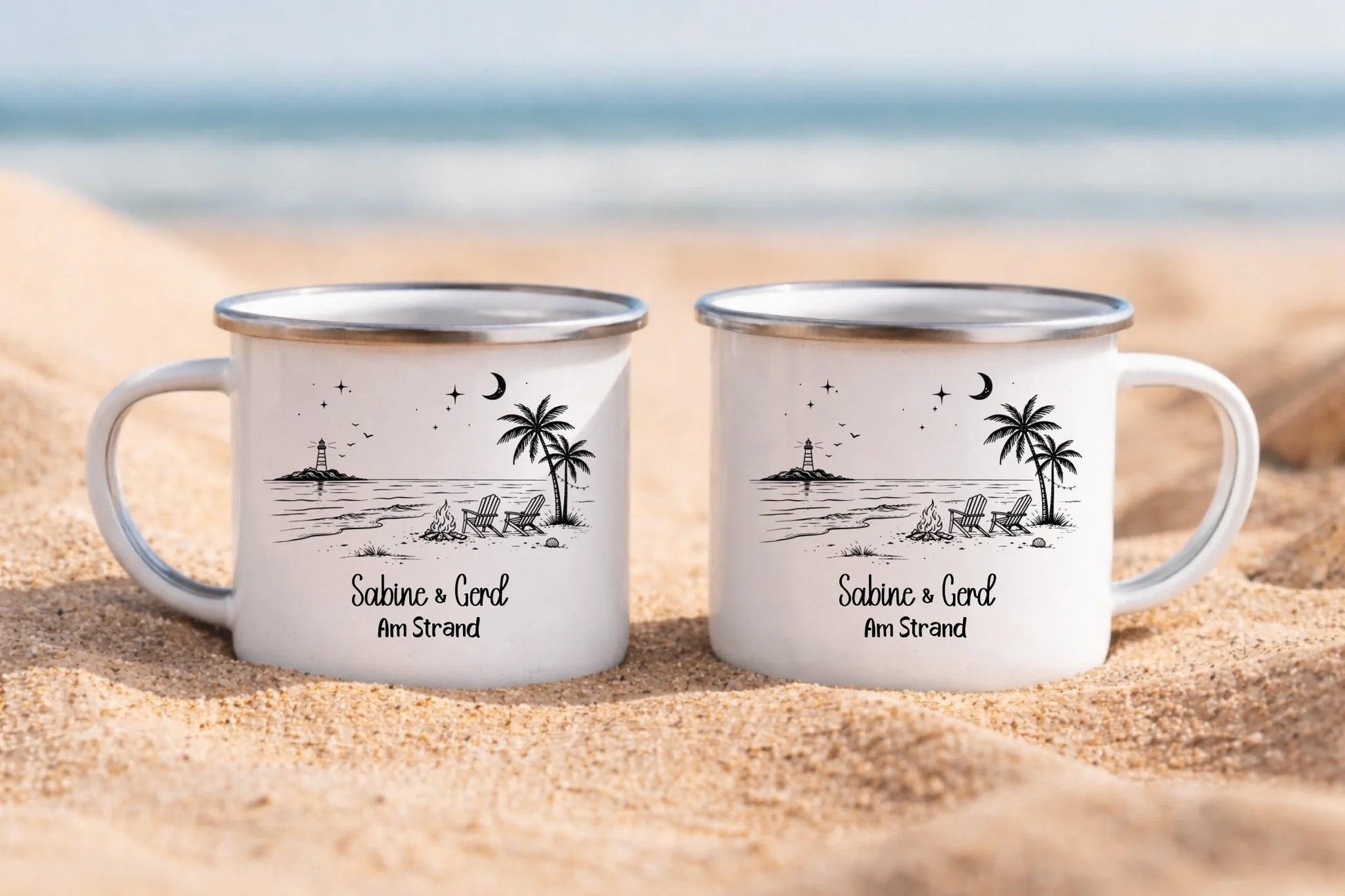 Personalisierte Emaille Camping Tasse im Sand