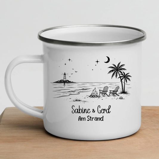 Personalisierte Emaille Camping Tasse am Strand