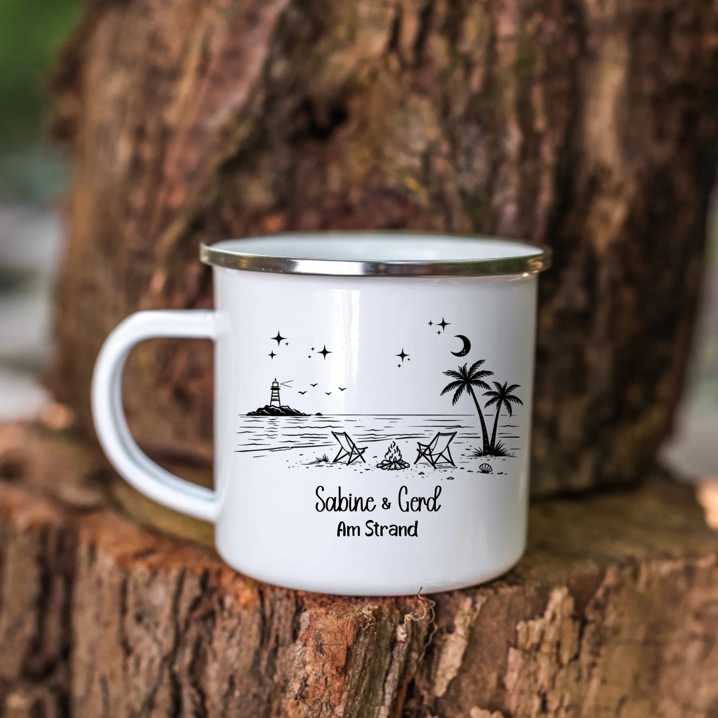 Personalisierte Emaille Camping Tasse Strandnacht am Lagerfeuer