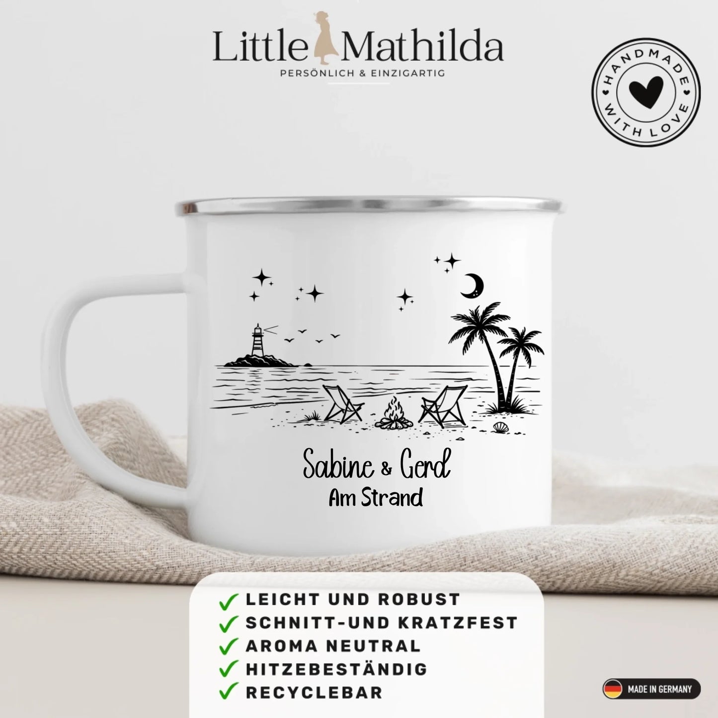 Personalisierte Emaille Camping Tasse Strandnacht am Lagerfeuer