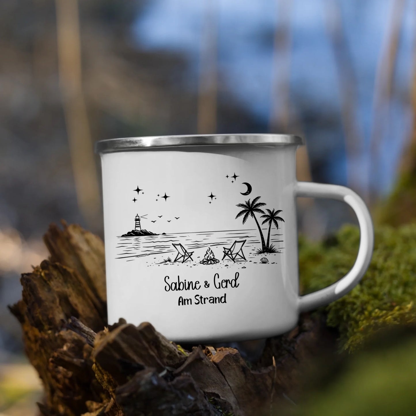 Personalisierte Emaille Camping Tasse Strandnacht am Lagerfeuer