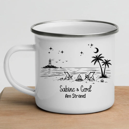 Personalisierte Emaille Camping Tasse Strandnacht am Lagerfeuer