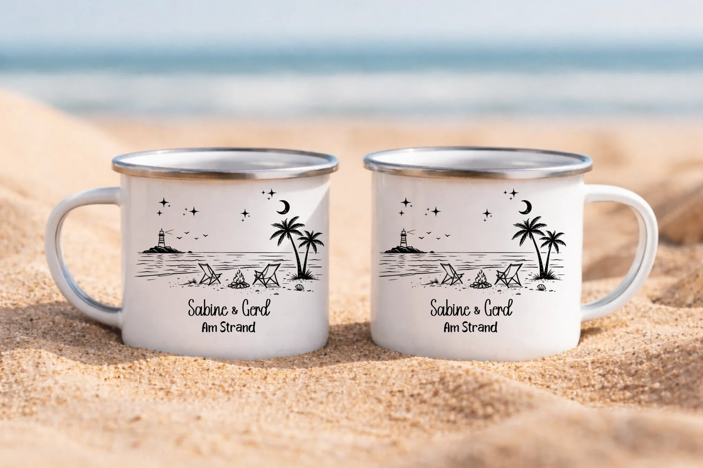 Personalisierte Emaille Camping Tasse im Sand