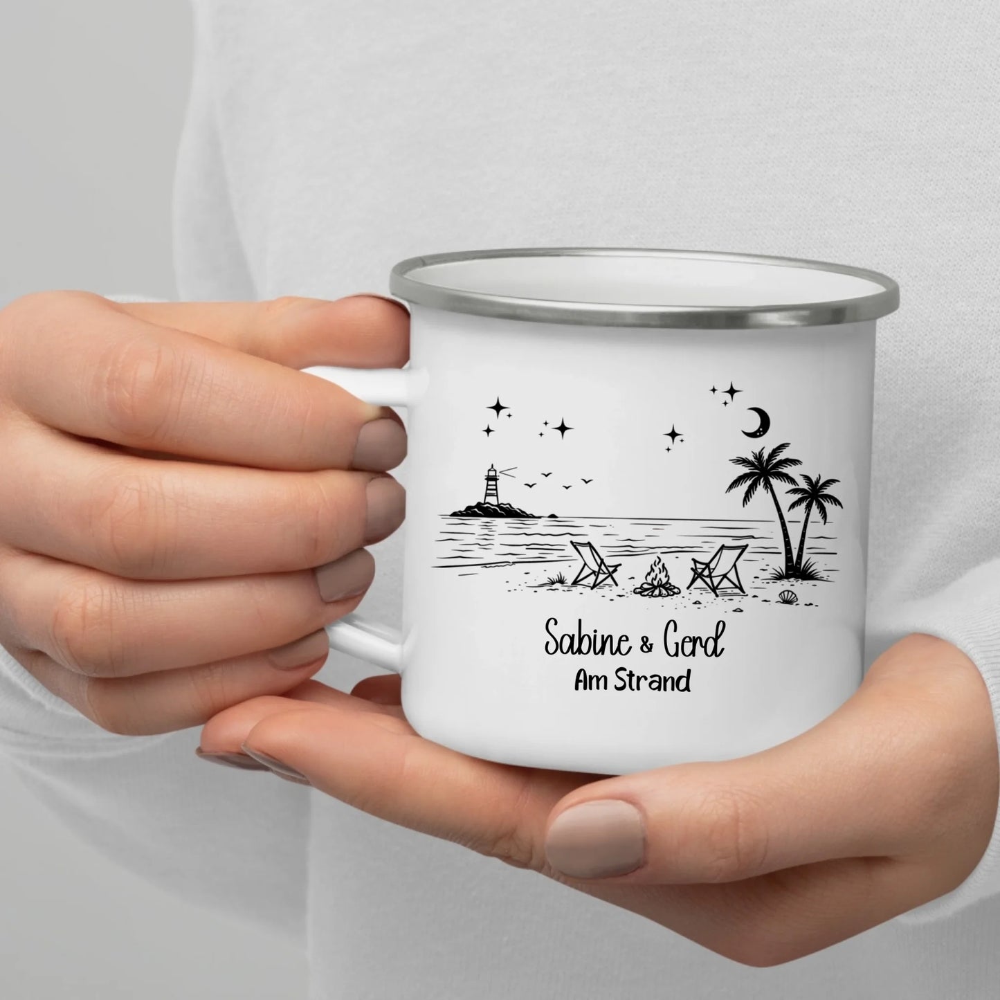 Personalisierte Emaille Camping Tasse Strandnacht am Lagerfeuer