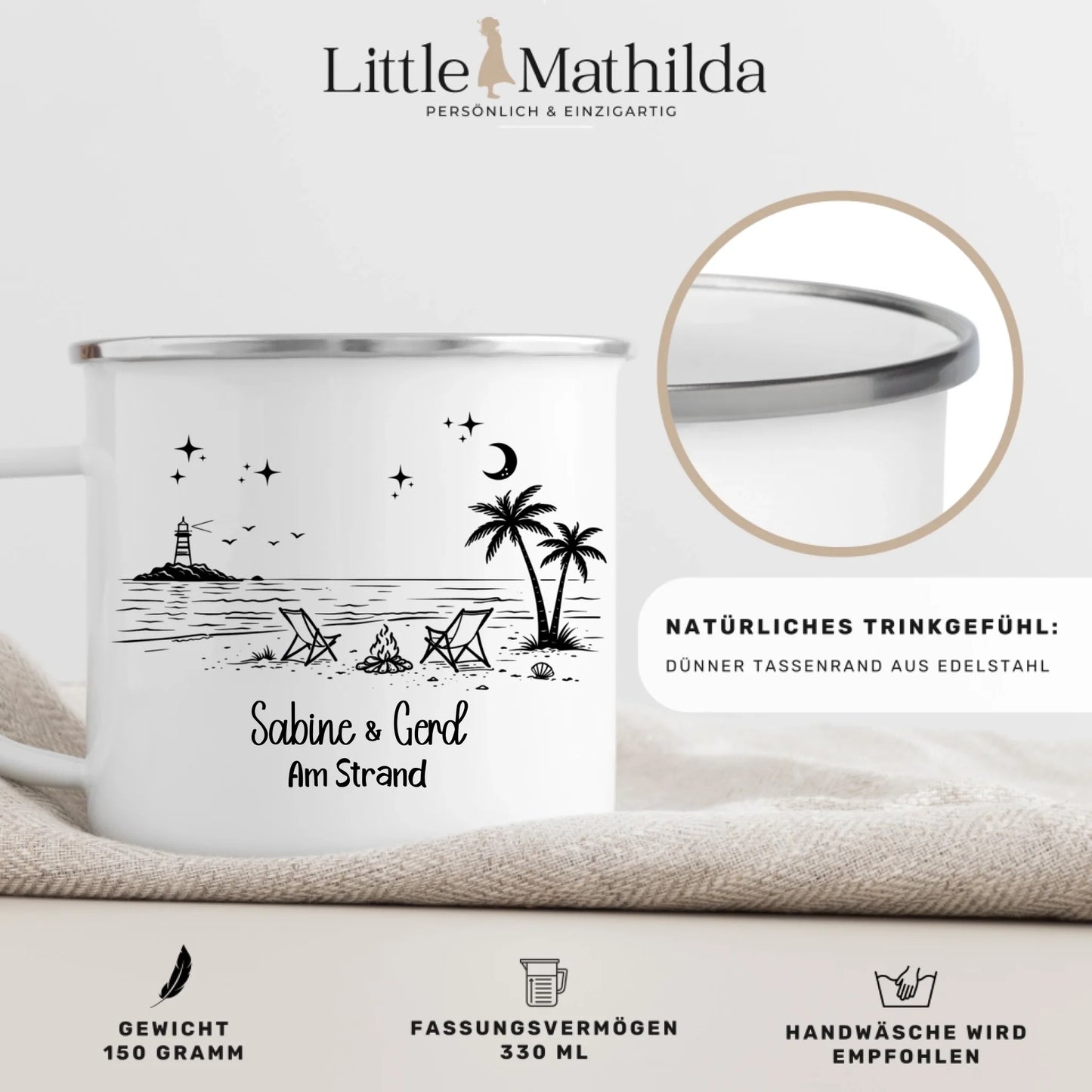 Personalisierte Emaille Camping Tasse Strandnacht am Lagerfeuer