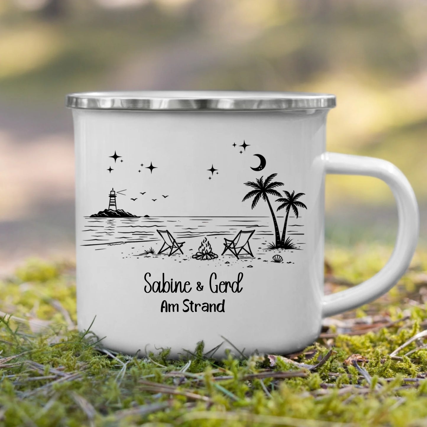 Personalisierte Emaille Camping Tasse Strandnacht am Lagerfeuer