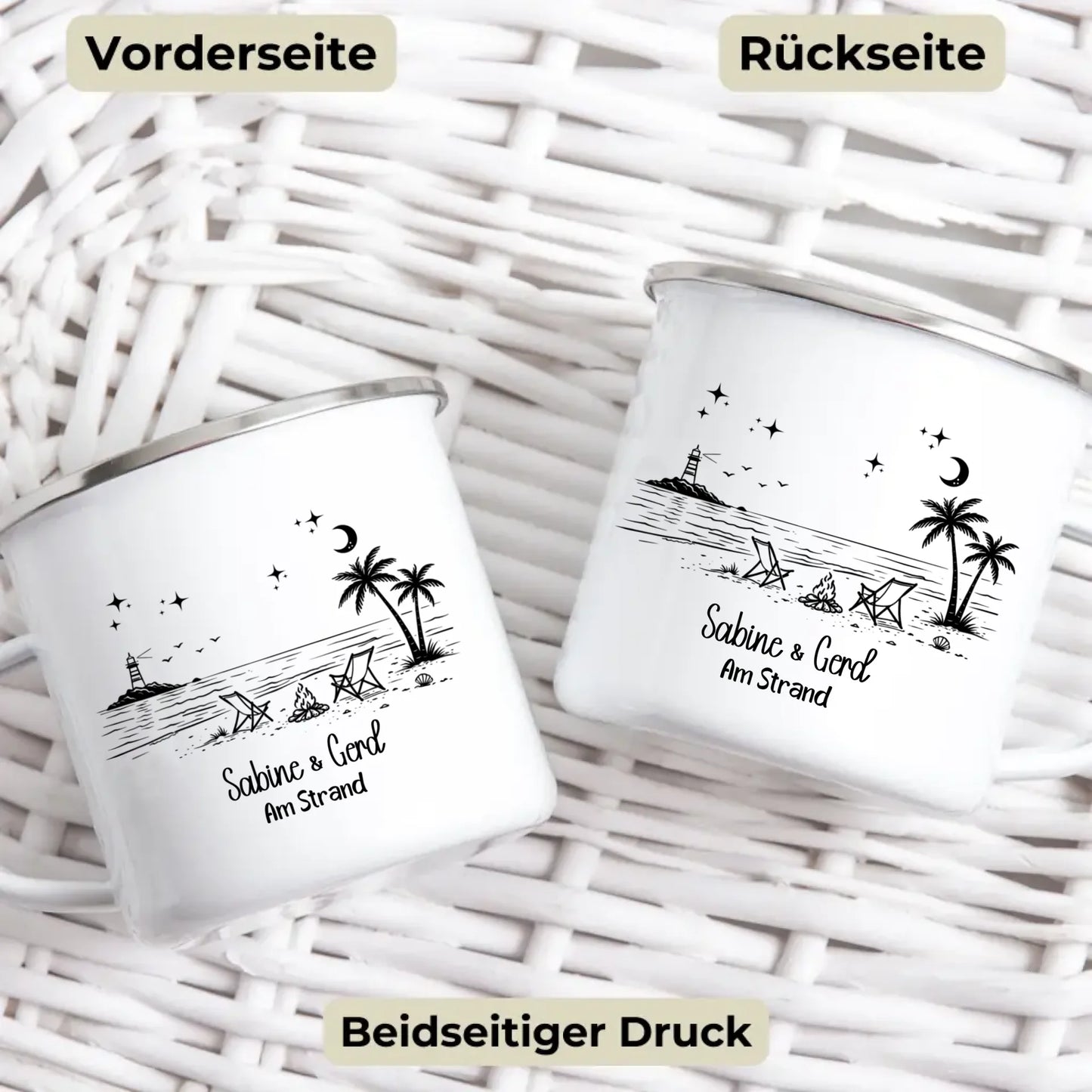 Personalisierte Emaille Camping Tasse Strandnacht am Lagerfeuer