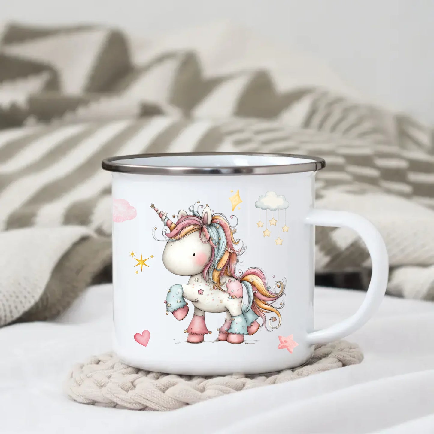 Personalisierte Einhorn Tasse für Kinder – Emaille Kindertasse mit Name