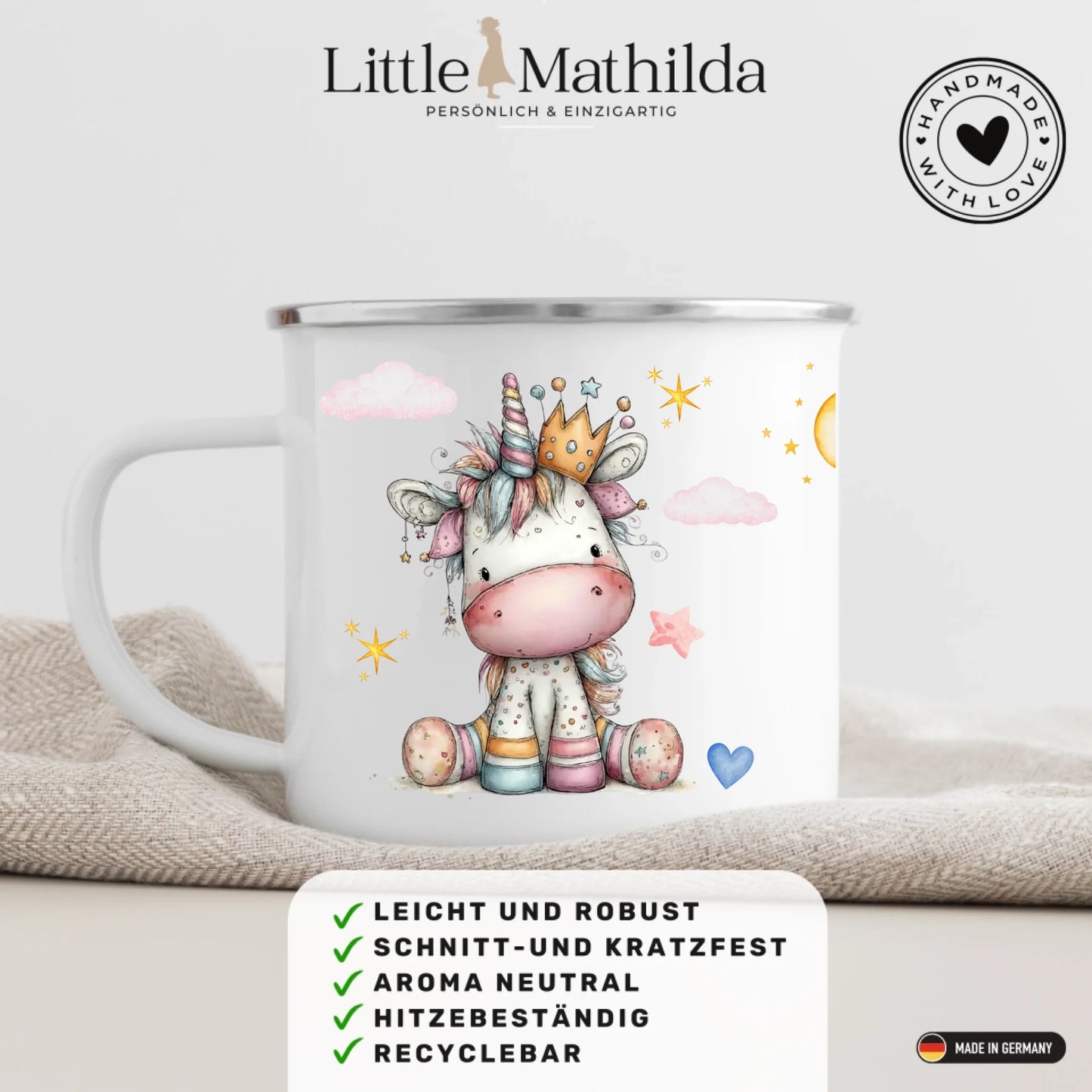 Personalisierte Kindertasse aus Emaille – hochwertige Kinderbecher mit Namen und Motiv selbst gestalten
