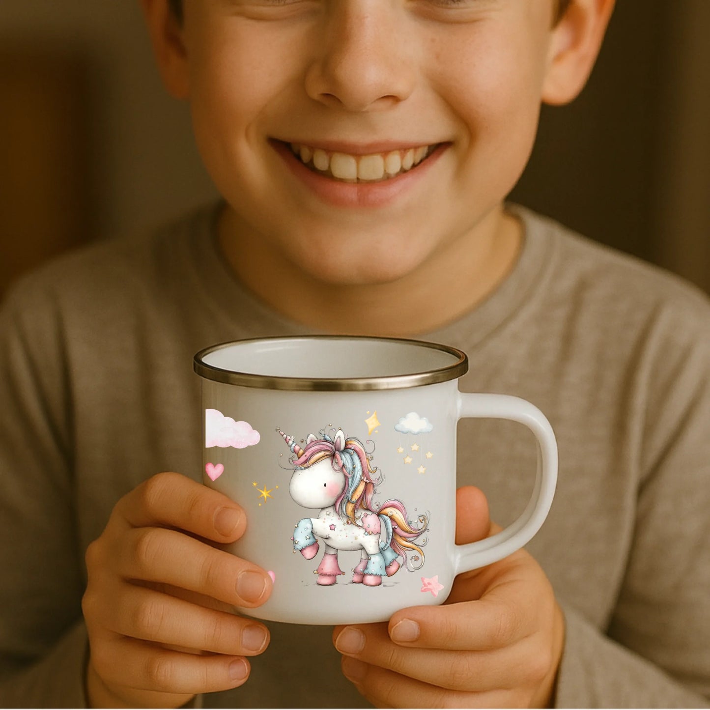 Kind hält weiße Emaille Kindertasse mit silbernem Rand – personalisierte Tasse mit Namen und süßem Motiv