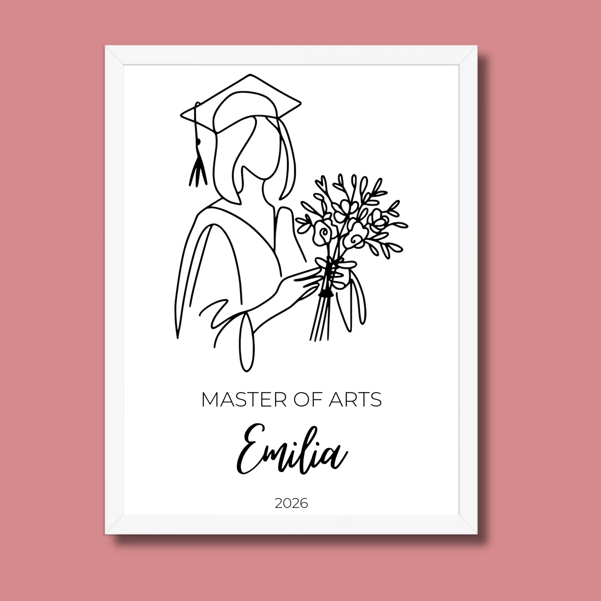 Personalisiertes Abschlussposter mit Abschluss, Namen und Jahreszahl von Little Mathilda - weisser Bilderrahmen