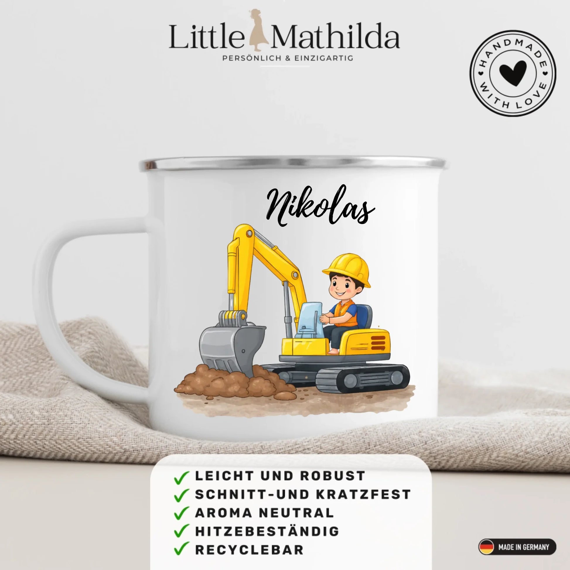 Personalisierte Kindertasse aus Emaille – hochwertige Kinderbecher mit Namen und Motiv selbst gestalten