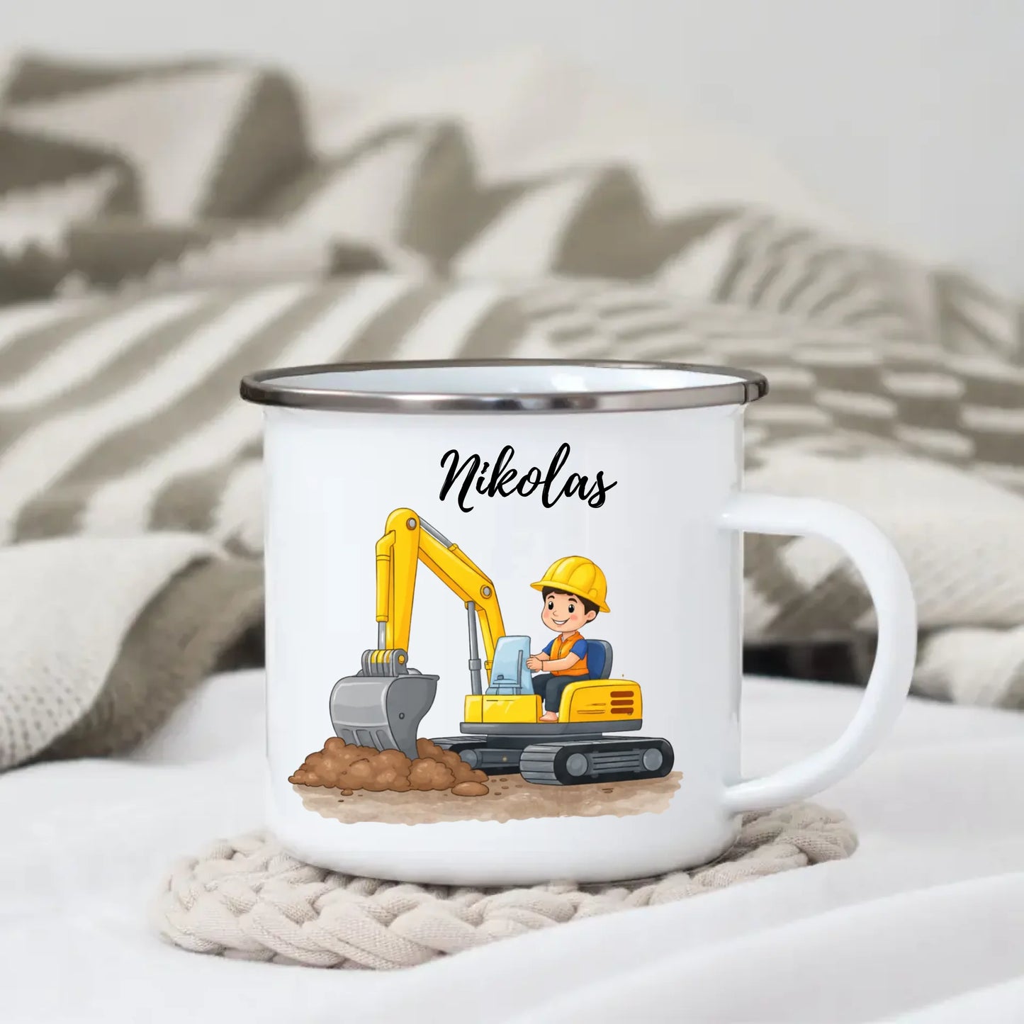 Personalisierte Kinder Emaille Tasse Bagger – Tasse mit Namen für kleine Bauarbeiter