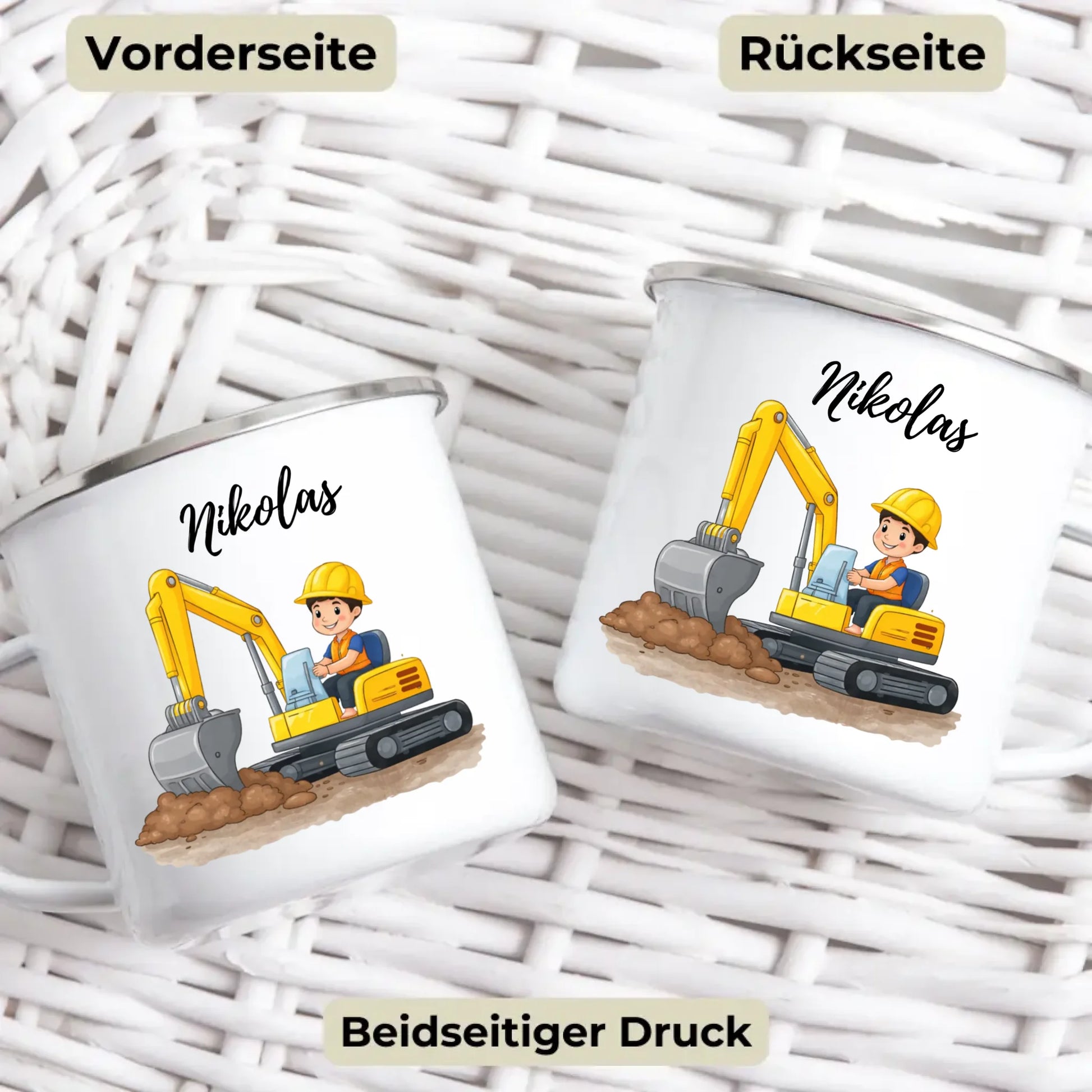 Emaille Kindertasse mit Namen und Tiermotiv – personalisierte Tasse für Kinder zum Frühstück oder Kindergarten