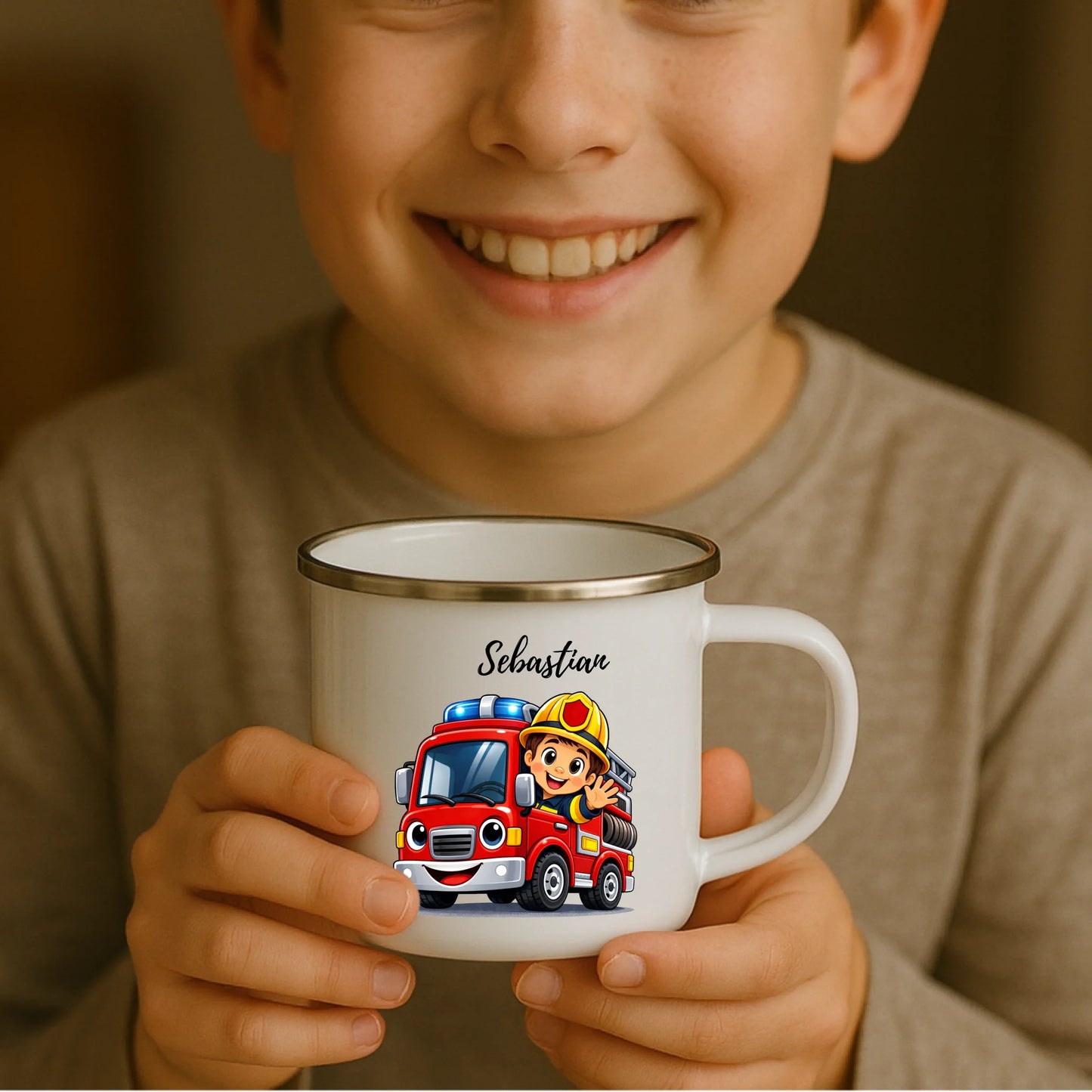 Kind hält weiße Emaille Kindertasse mit silbernem Rand – personalisierte Tasse mit Namen und süßem Motiv