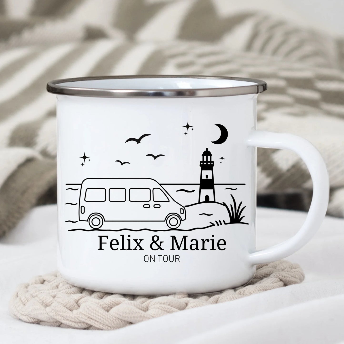 Personalisierte Emaille Camping Tasse Kastenwagen am Meer