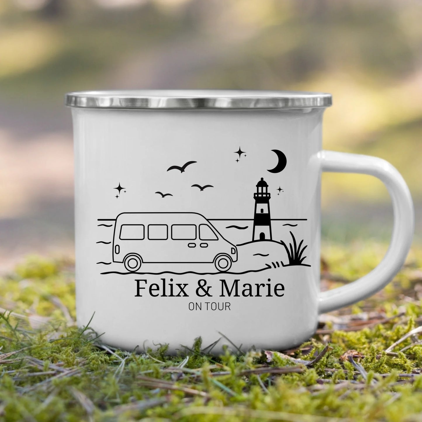 Personalisierte Emaille Camping Tasse Kastenwagen am Meer