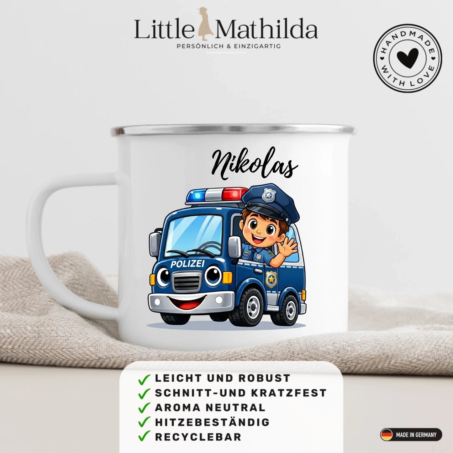 Personalisierte Kindertasse aus Emaille – hochwertige Kinderbecher mit Namen und Motiv selbst gestalten