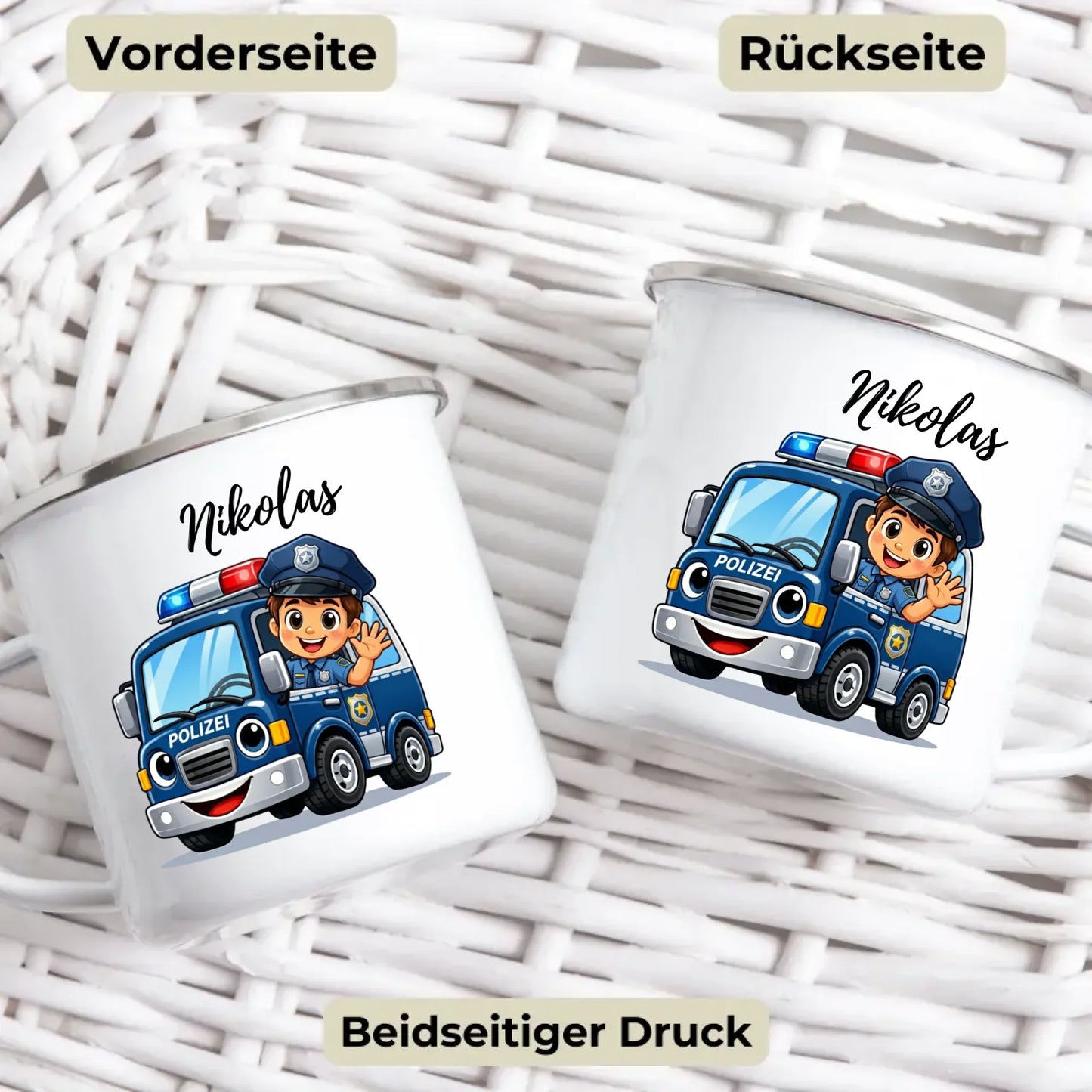 Emaille Kindertasse mit Namen und Tiermotiv – personalisierte Tasse für Kinder zum Frühstück oder Kindergarten