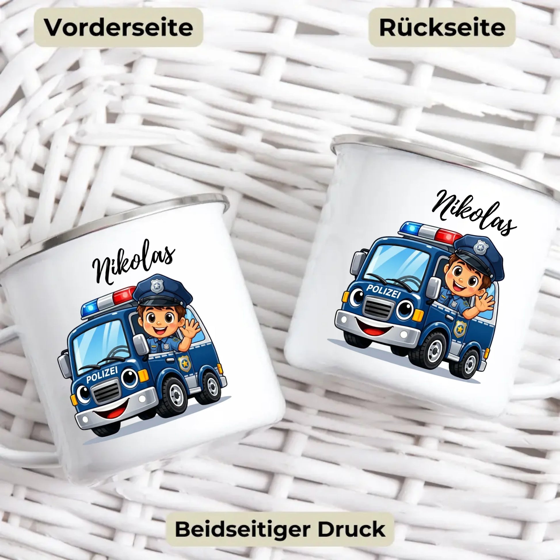 Emaille Kindertasse mit Namen und Tiermotiv – personalisierte Tasse für Kinder zum Frühstück oder Kindergarten