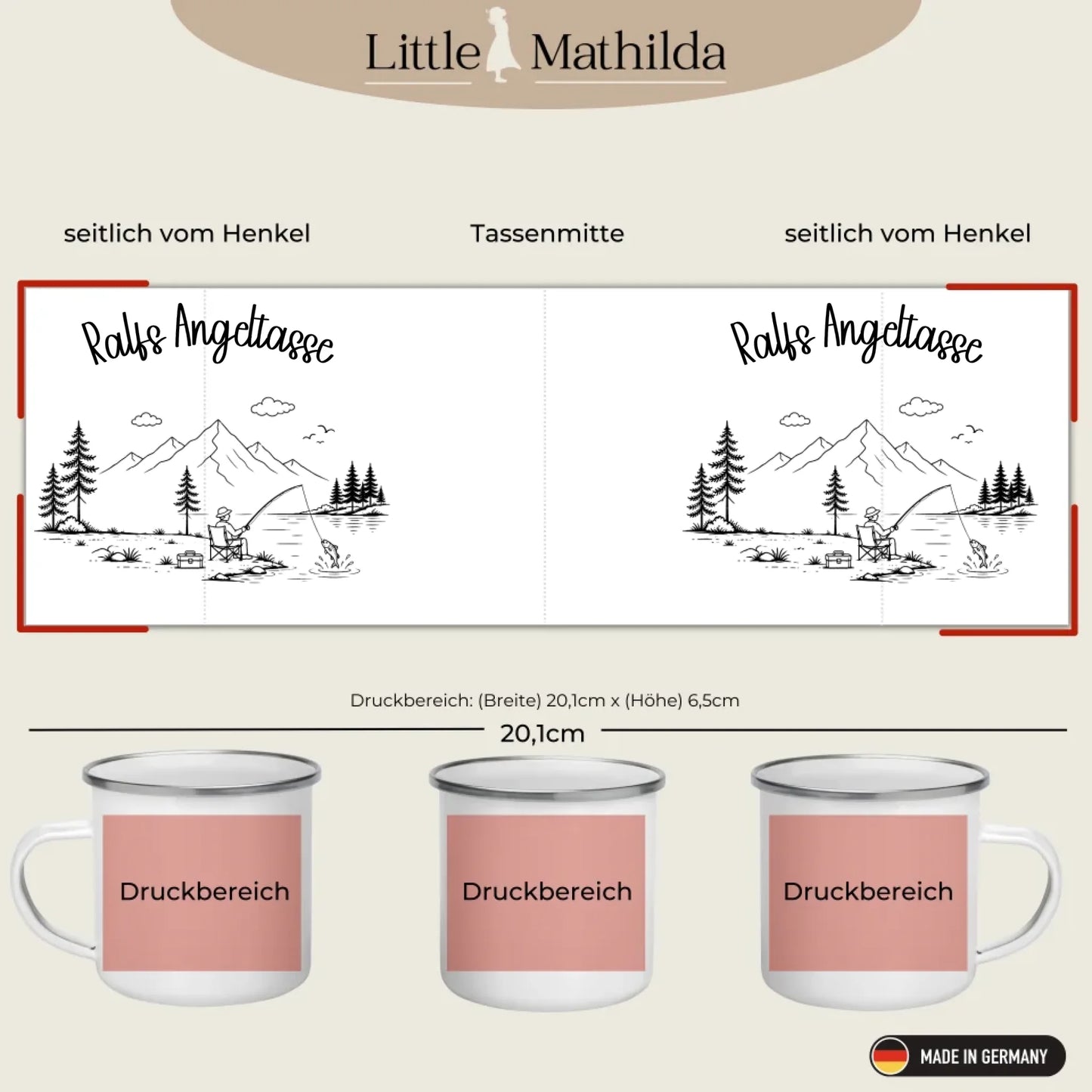 Detailaufnahme des Namensdrucks auf personalisierter Emaille Camping Tasse