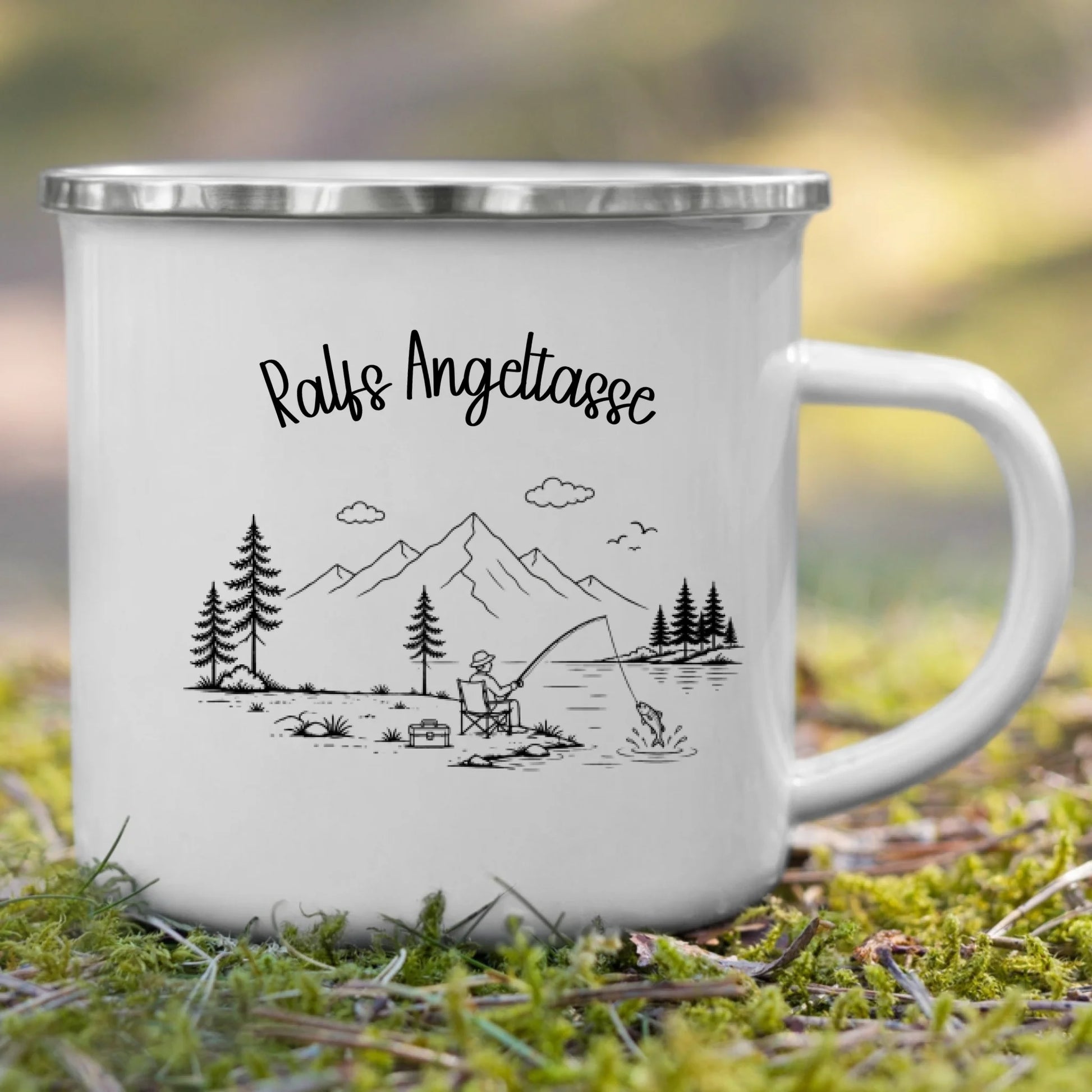 Personalisierte Tasse für Camping und Reise aus Emaille mit 330 ml Fassungsvermögen