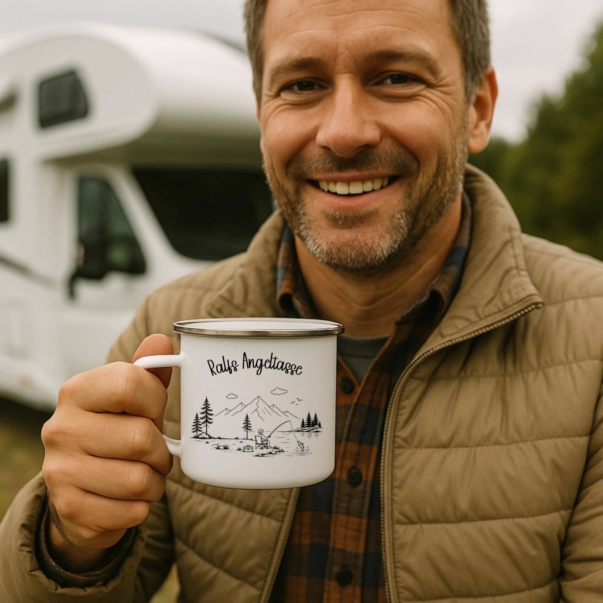Emaille Camping Tasse personalisiert mit individuellem Namen, Fassungsvermögen ca. 330 ml