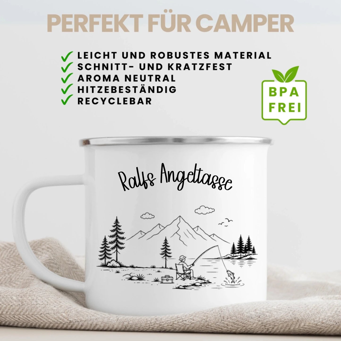 Personalisierte Emaille Camping Tasse als Geschenk für Camper – liebevoll gestaltetes Camping Geschenk mit Namen und Motiv von Little Mathilda, ideal für Wohnmobil, Vanlife und Outdoor-Abenteuer (1)