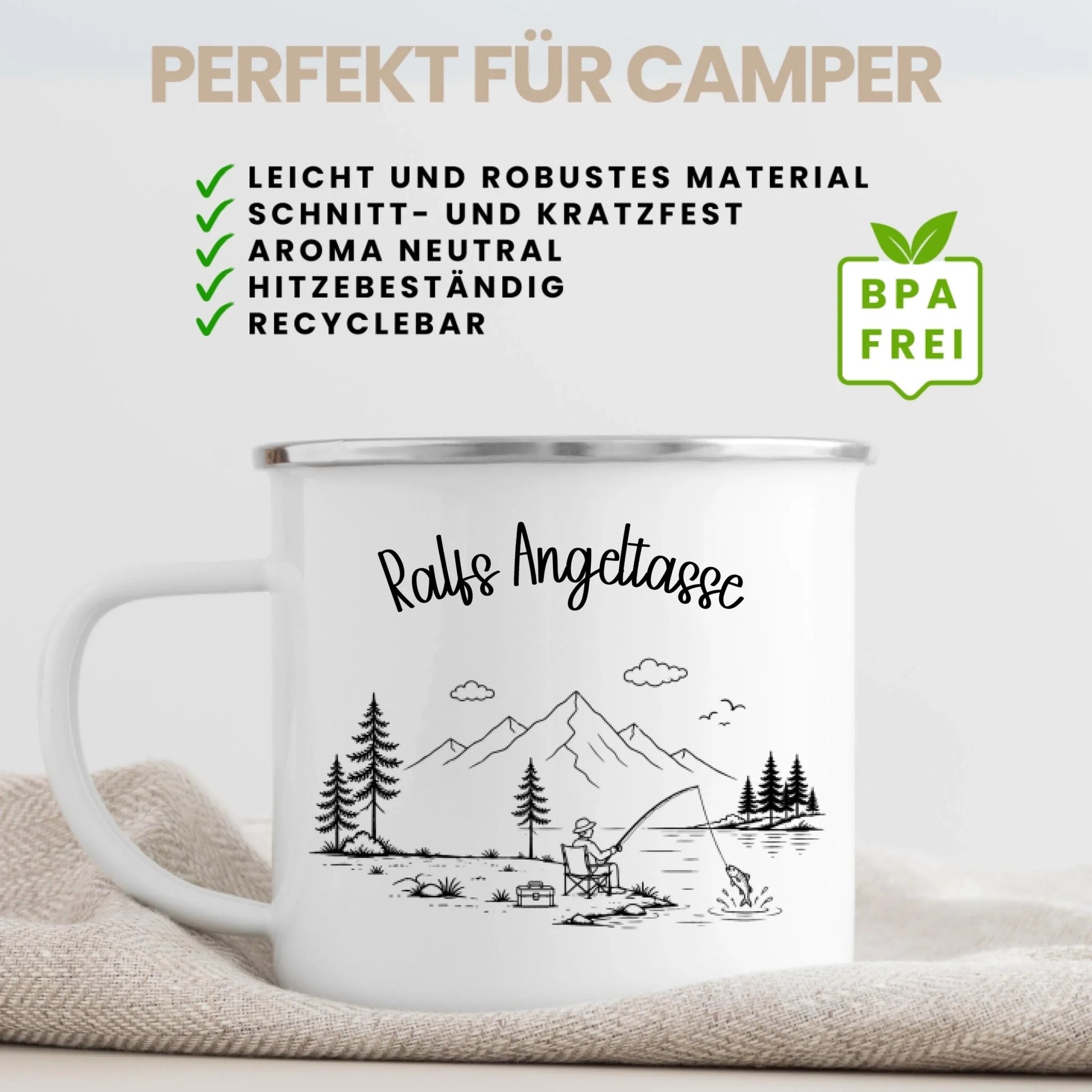 Personalisierte Emaille Camping Tasse als Geschenk für Camper – liebevoll gestaltetes Camping Geschenk mit Namen und Motiv von Little Mathilda, ideal für Wohnmobil, Vanlife und Outdoor-Abenteuer (1)