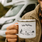 Detailansicht personalisierte Camping Tasse aus Emaille mit silbernem Edelstahlrand