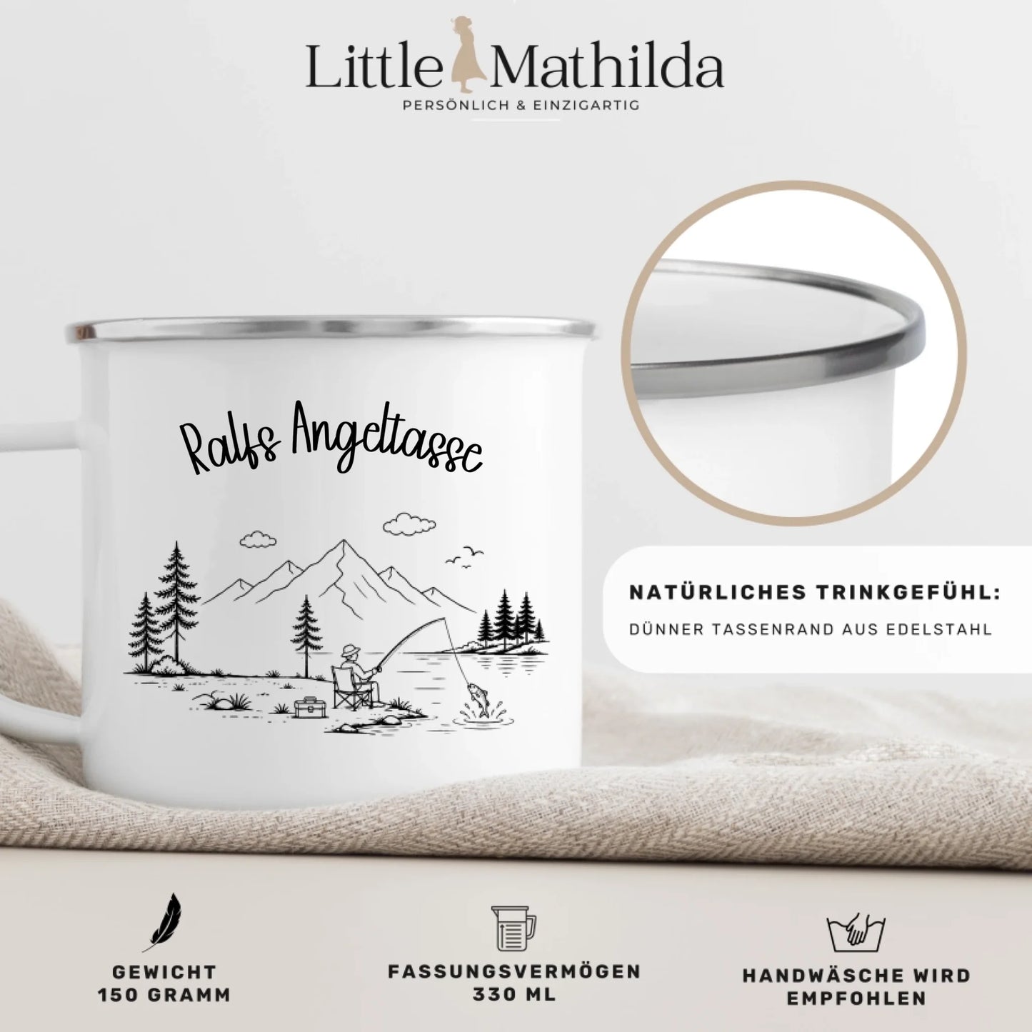 Nahaufnahme personalisierte Emaille Tasse mit hochwertigem Druck von Little Mathilda