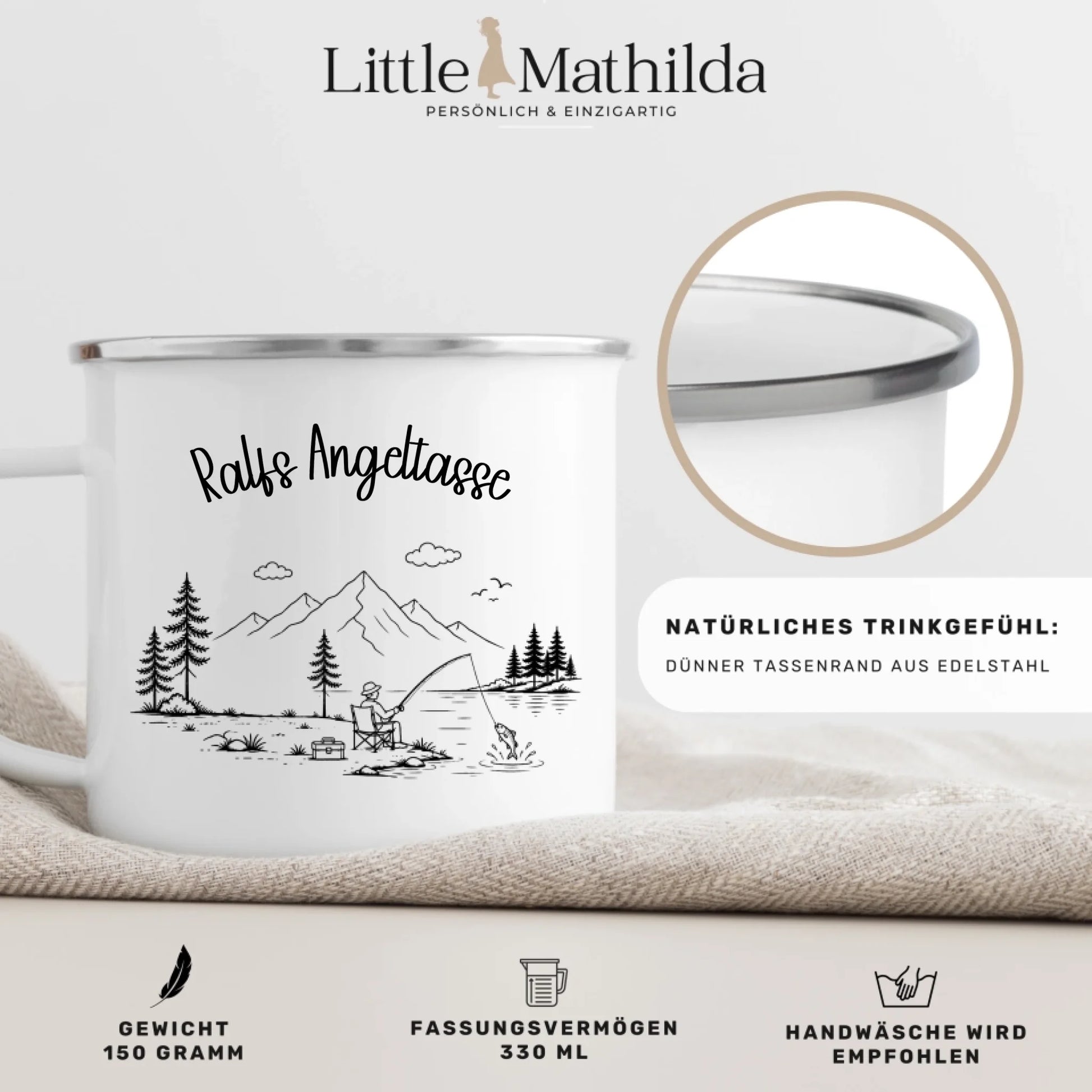 Nahaufnahme personalisierte Emaille Tasse mit hochwertigem Druck von Little Mathilda
