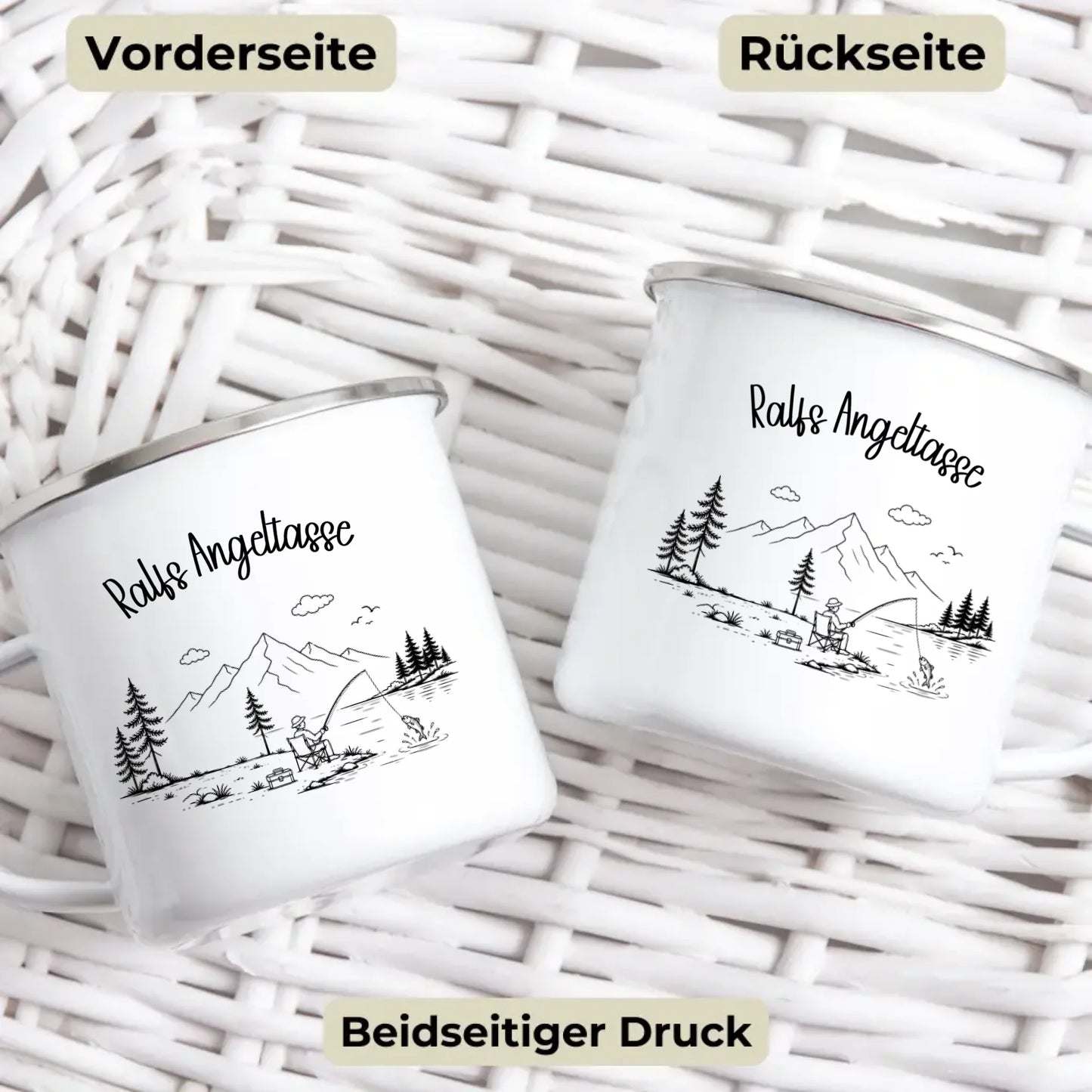 Camping Emaille Tasse personalisiert mit Namen als Geschenkidee für Vanlife Fans