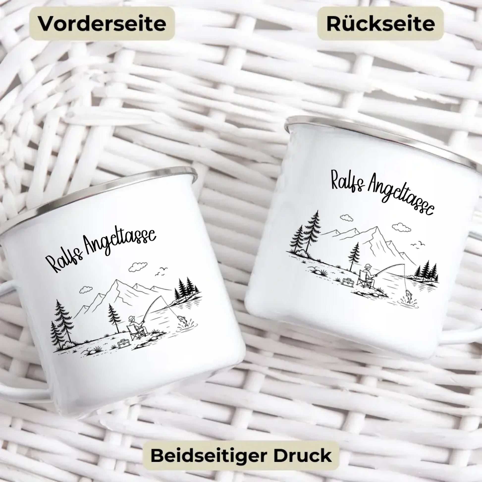 Camping Emaille Tasse personalisiert mit Namen als Geschenkidee für Vanlife Fans