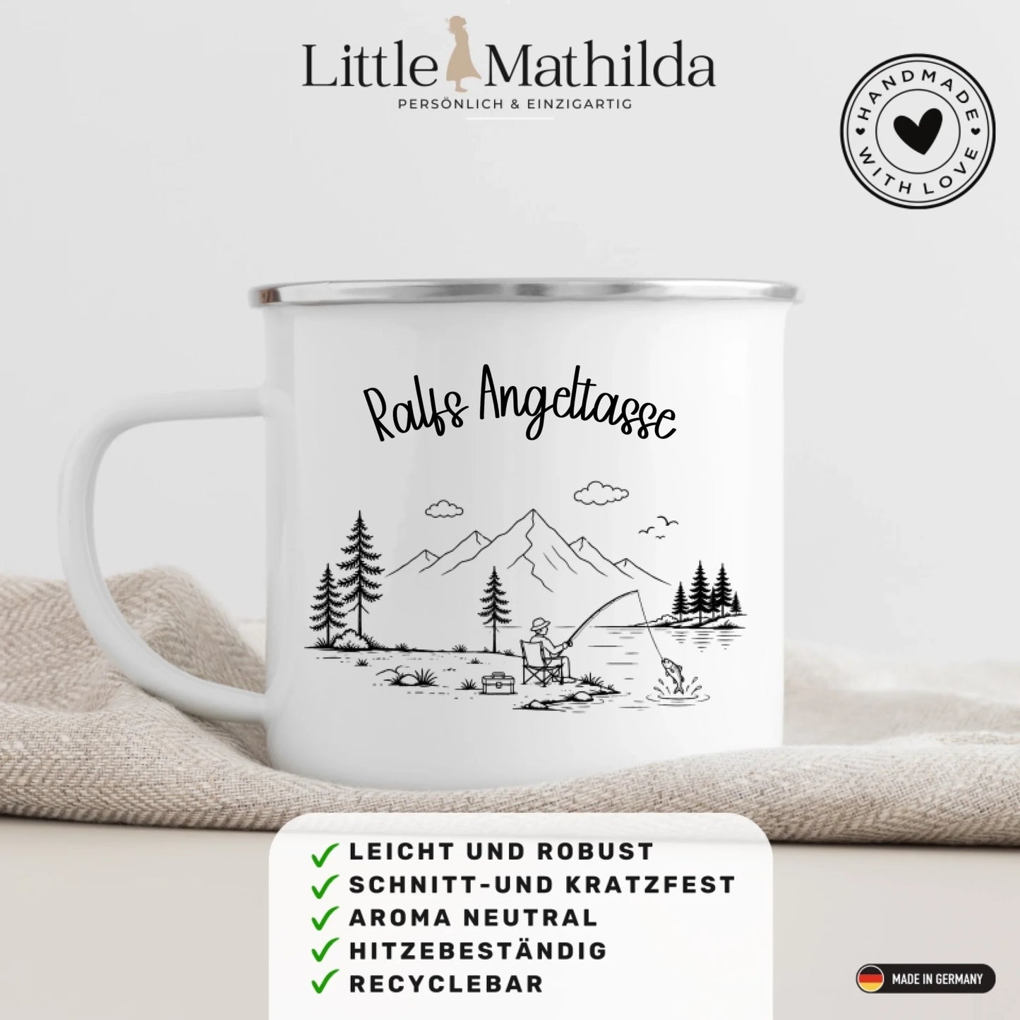 Robuste Emaille Camping Tasse personalisiert für Wohnmobil und Outdoor Abenteuer
